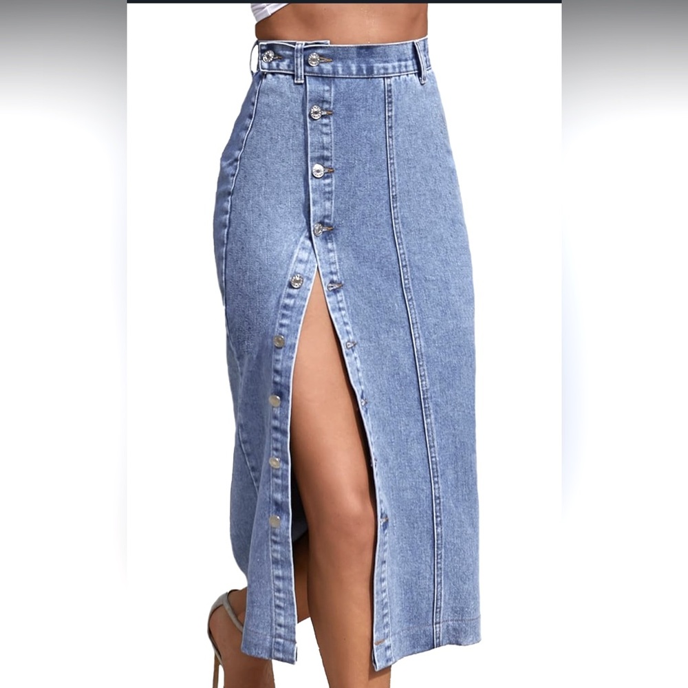 SHEIN Denim Blue Button-Front Skirt
